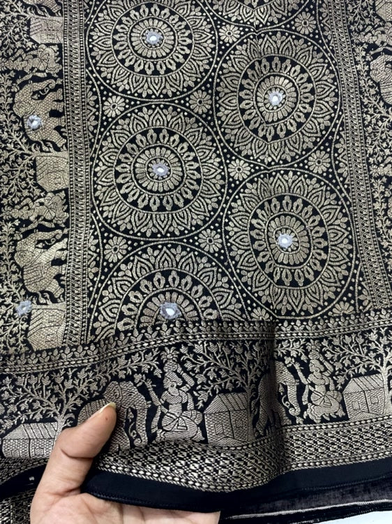 White Mirror Ajrakh Handblock Dola Silk Saree