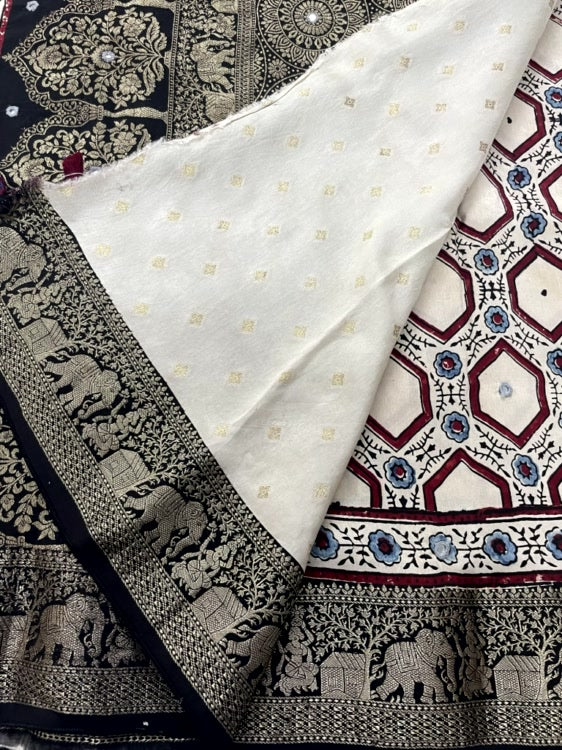 White Mirror Ajrakh Handblock Dola Silk Saree