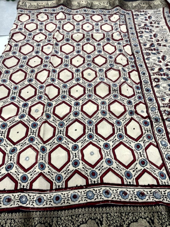 White Mirror Ajrakh Handblock Dola Silk Saree