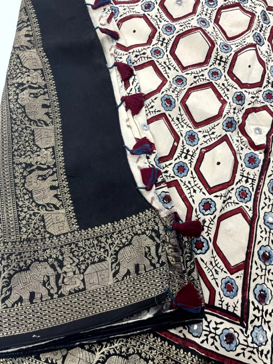 White Mirror Ajrakh Handblock Dola Silk Saree