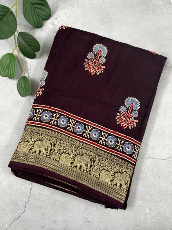 Brown Butta Ajrakh Handblock Dola Silk Saree
