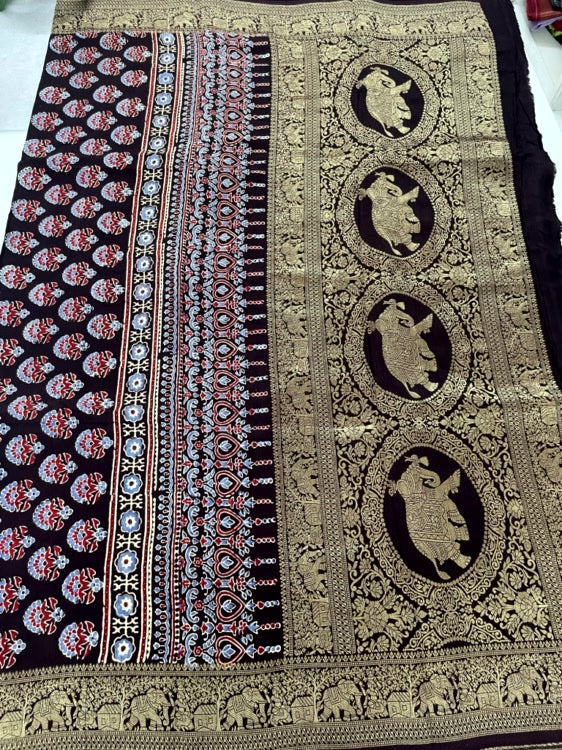 Brown Butta Ajrakh Handblock Dola Silk Saree