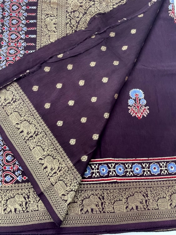 Brown Butta Ajrakh Handblock Dola Silk Saree