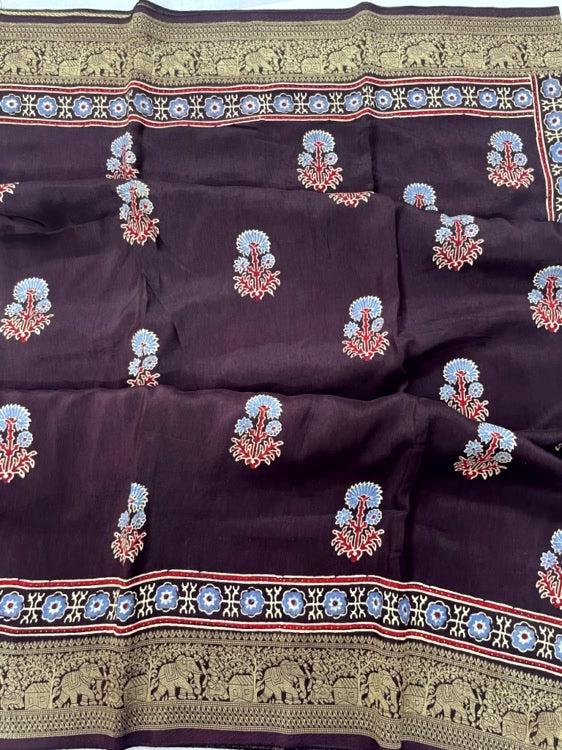 Brown Butta Ajrakh Handblock Dola Silk Saree
