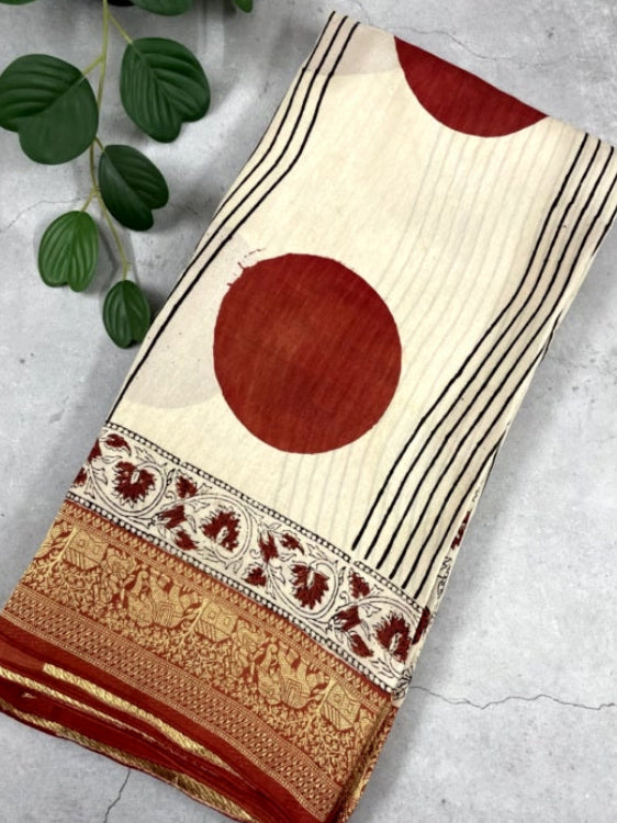 White Polka Stripe Ajrakh Handblock Dola Silk Saree