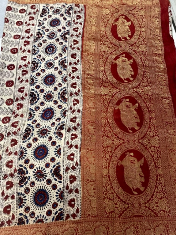 White Polka Stripe Ajrakh Handblock Dola Silk Saree