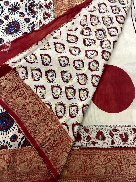 White Polka Stripe Ajrakh Handblock Dola Silk Saree