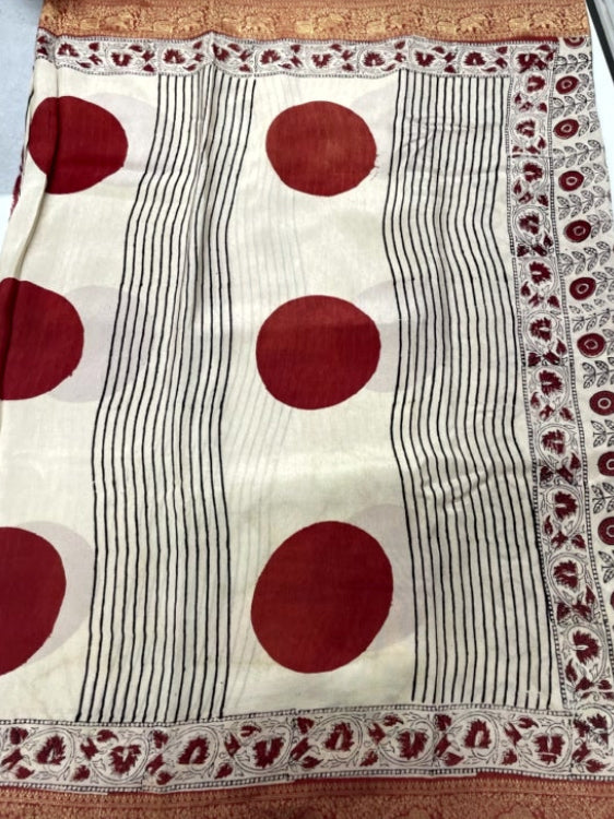 White Polka Stripe Ajrakh Handblock Dola Silk Saree