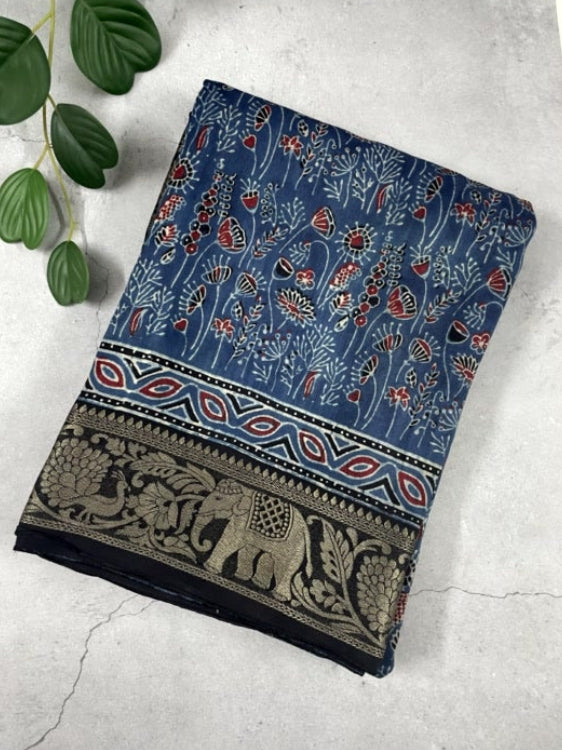 Blue Ajrakh Handblock Dola Silk Saree