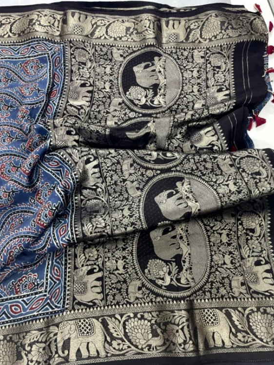 Blue Ajrakh Handblock Dola Silk Saree