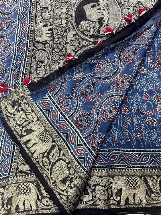 Blue Ajrakh Handblock Dola Silk Saree