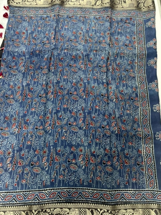 Blue Ajrakh Handblock Dola Silk Saree