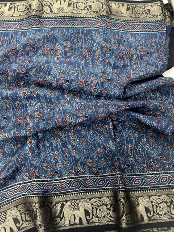 Blue Ajrakh Handblock Dola Silk Saree