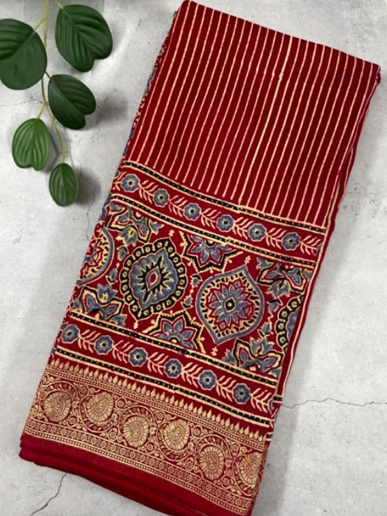 Red Stripe Butta Ajrakh Handblock Dola Silk Saree
