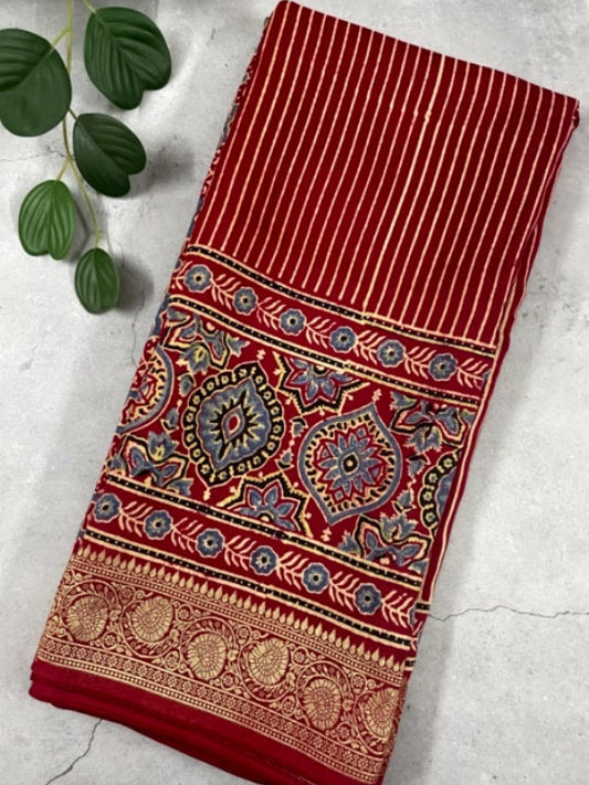 Red Stripe Butta Ajrakh Handblock Dola Silk Saree