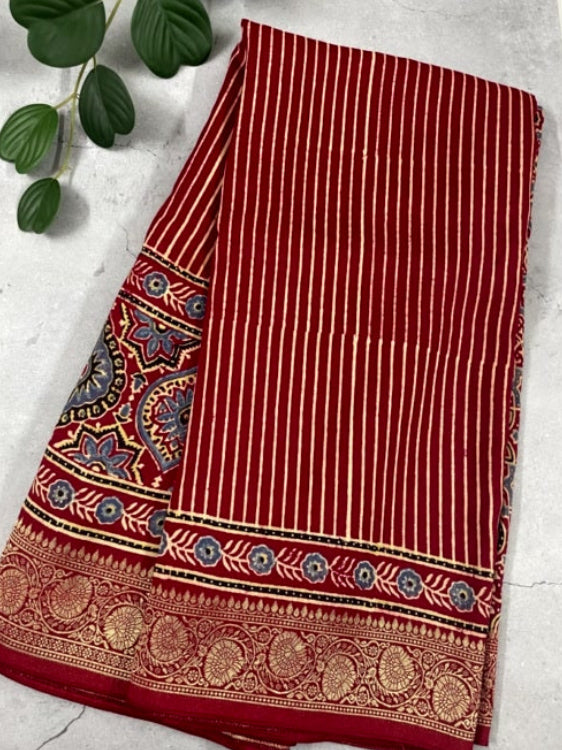 Red Stripe Butta Ajrakh Handblock Dola Silk Saree