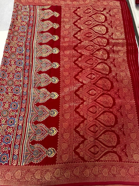 Red Stripe Butta Ajrakh Handblock Dola Silk Saree