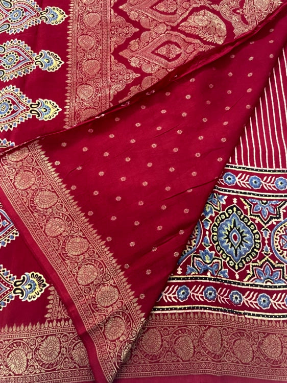Red Stripe Butta Ajrakh Handblock Dola Silk Saree