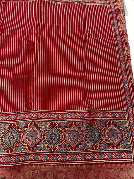 Red Stripe Butta Ajrakh Handblock Dola Silk Saree