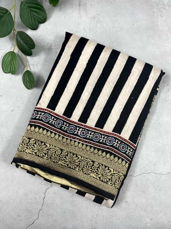 Black Stripe02 Ajrakh Handblock Dola Silk Saree