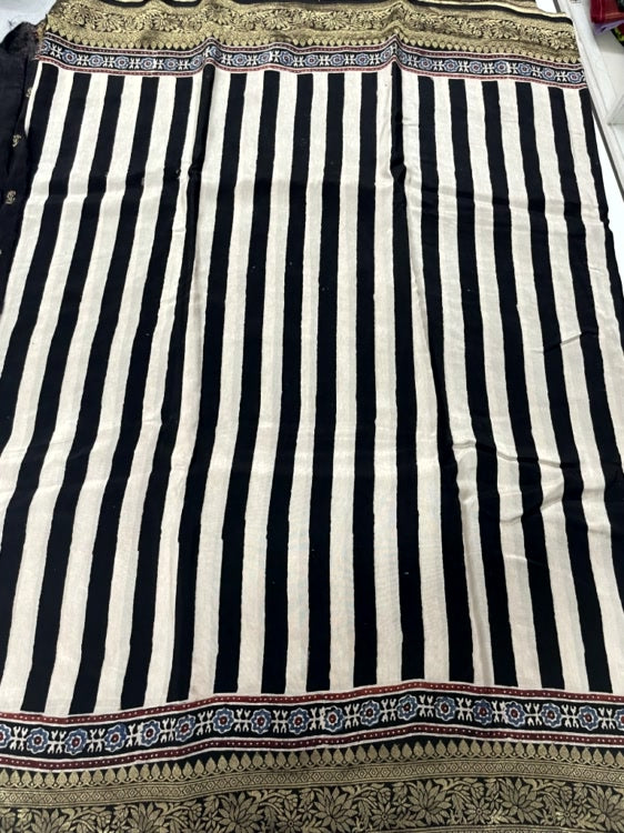 Black Stripe02 Ajrakh Handblock Dola Silk Saree