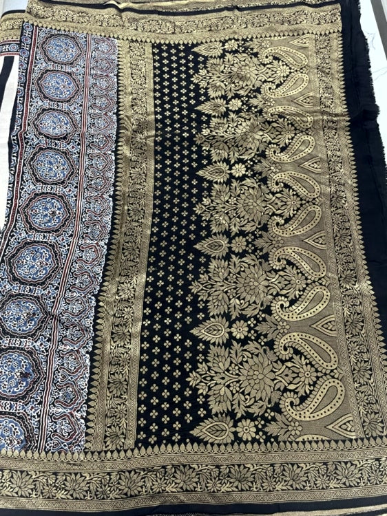 Black Stripe02 Ajrakh Handblock Dola Silk Saree