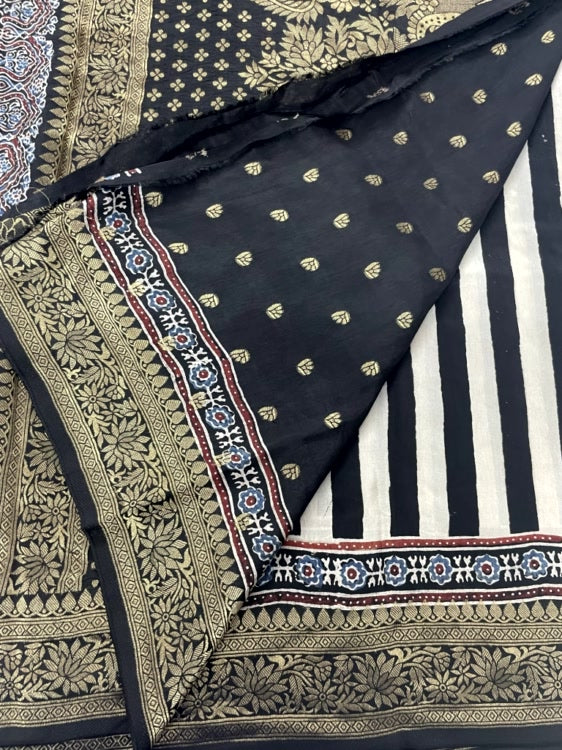 Black Stripe02 Ajrakh Handblock Dola Silk Saree