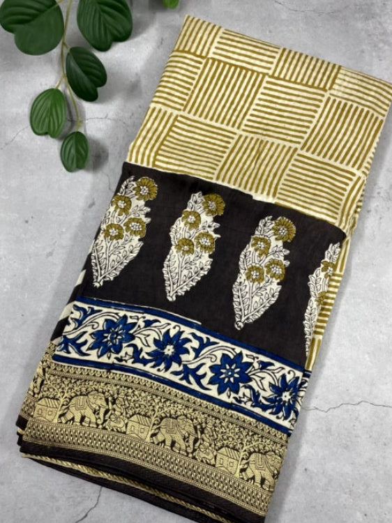 Yellow Stripe Ajrakh Handblock Dola Silk Saree