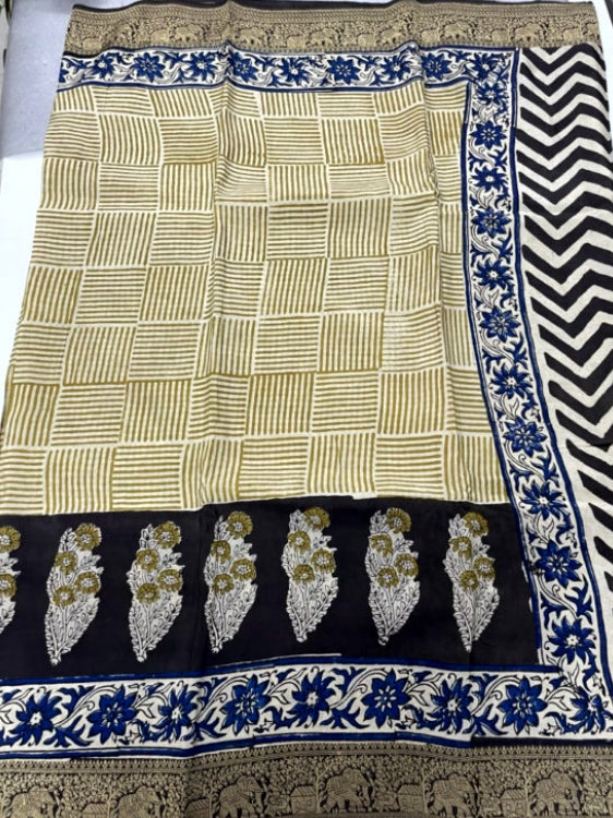 Yellow Stripe Ajrakh Handblock Dola Silk Saree