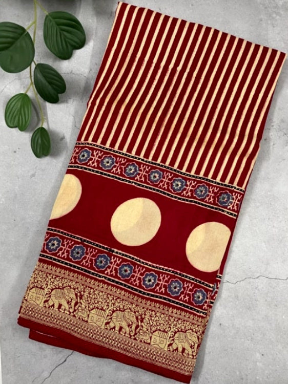 Red Stripe Polka Ajrakh Handblock Dola Silk Saree