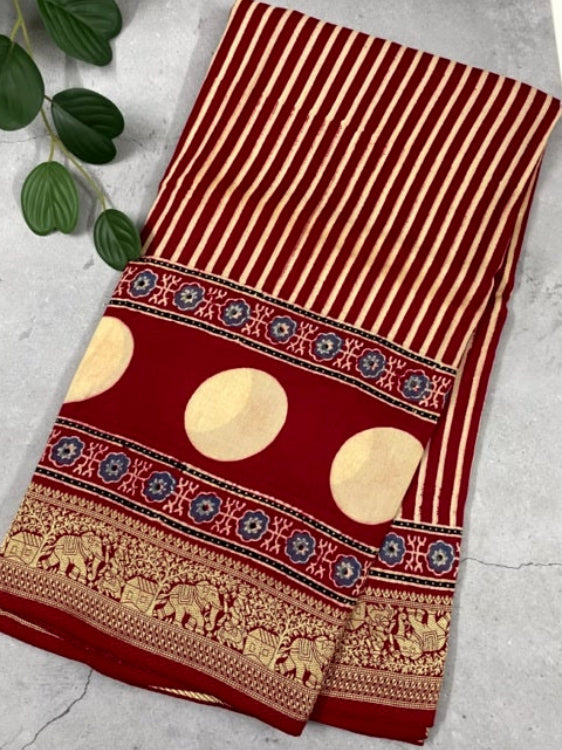 Red Stripe Polka Ajrakh Handblock Dola Silk Saree
