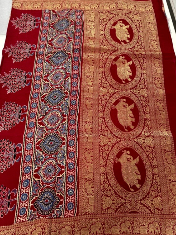 Red Stripe Polka Ajrakh Handblock Dola Silk Saree