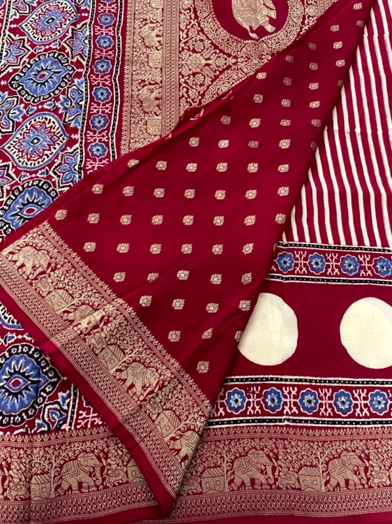 Red Stripe Polka Ajrakh Handblock Dola Silk Saree