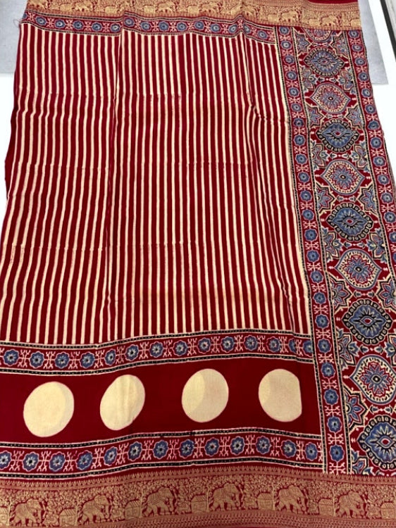 Red Stripe Polka Ajrakh Handblock Dola Silk Saree