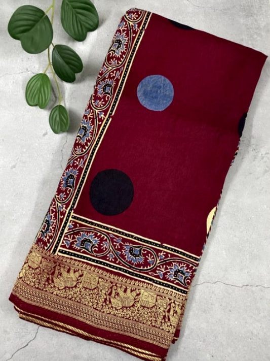 Maroon Polka Ajrakh Handblock Dola Silk Saree