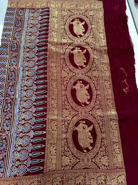 Maroon Polka Ajrakh Handblock Dola Silk Saree