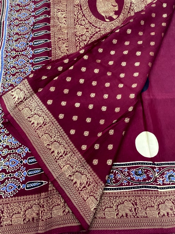 Maroon Polka Ajrakh Handblock Dola Silk Saree