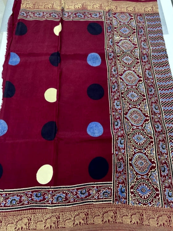 Maroon Polka Ajrakh Handblock Dola Silk Saree