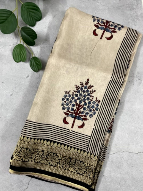 White Butta Ajrakh Handblock Dola Silk Saree