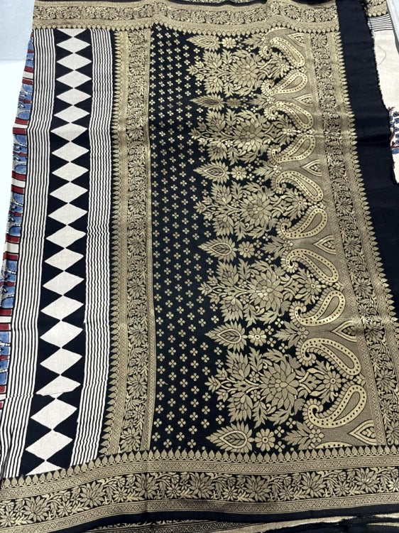 White Butta Ajrakh Handblock Dola Silk Saree