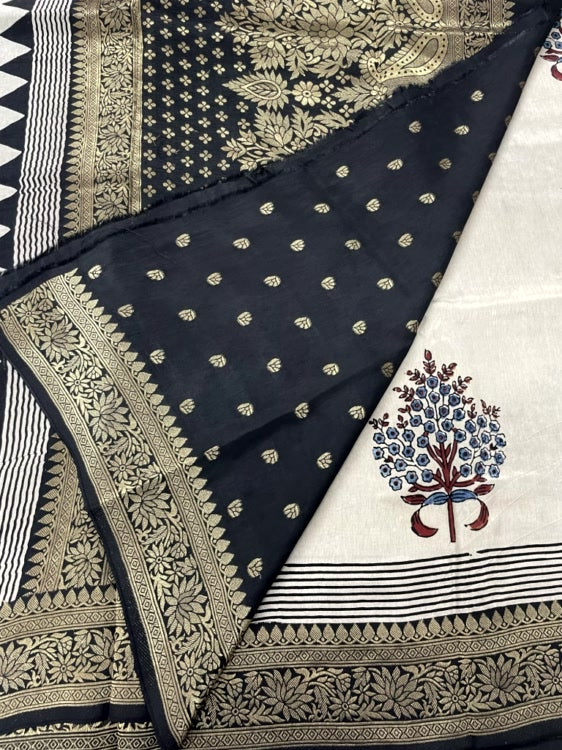 White Butta Ajrakh Handblock Dola Silk Saree