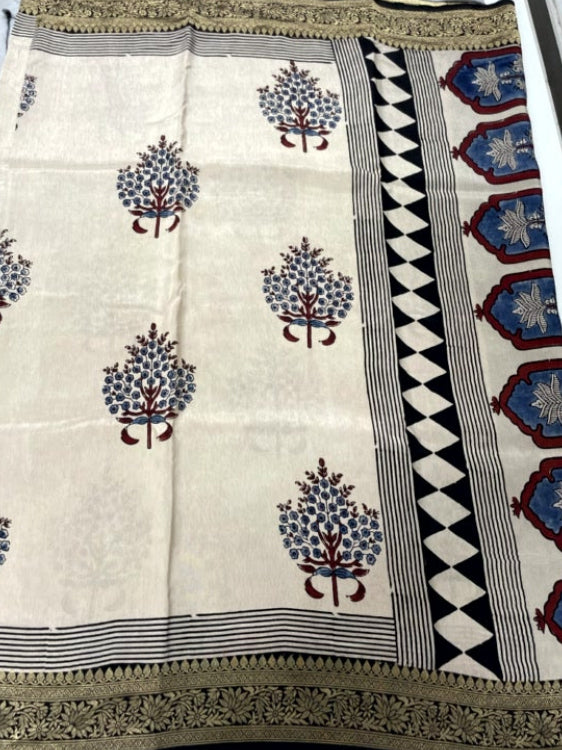 White Butta Ajrakh Handblock Dola Silk Saree