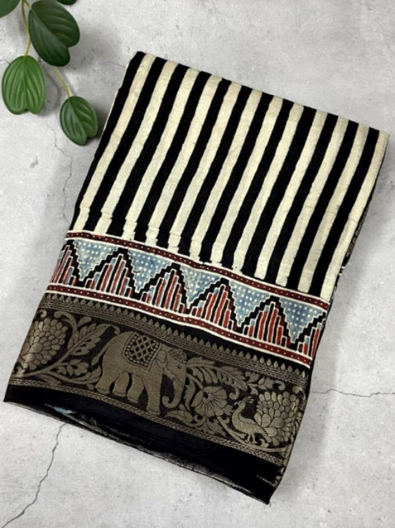 Black Stripe03 Ajrakh Handblock Dola Silk Saree
