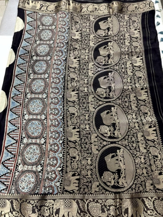 Black Stripe03 Ajrakh Handblock Dola Silk Saree