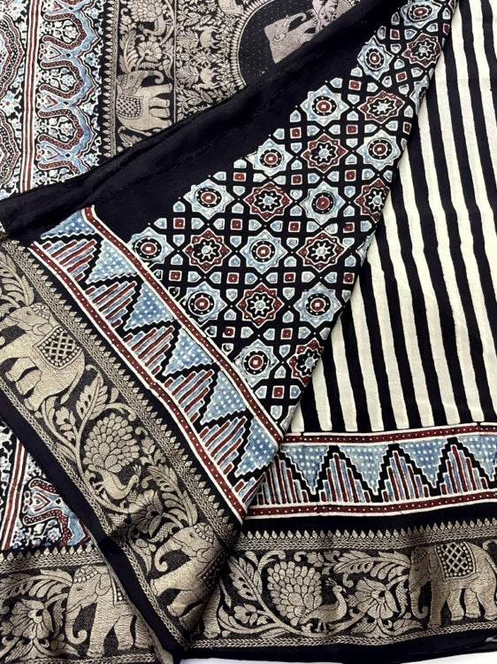 Black Stripe03 Ajrakh Handblock Dola Silk Saree