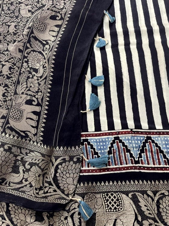 Black Stripe03 Ajrakh Handblock Dola Silk Saree