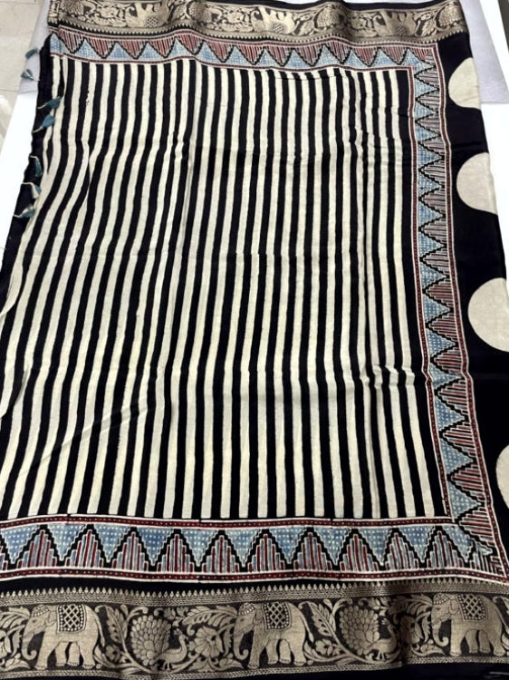 Black Stripe03 Ajrakh Handblock Dola Silk Saree