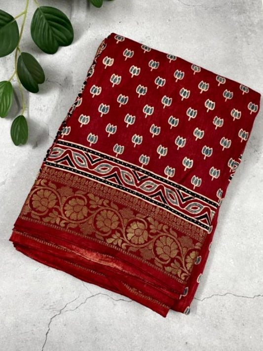 Red Lotus Ajrakh Handblock Dola Silk Saree