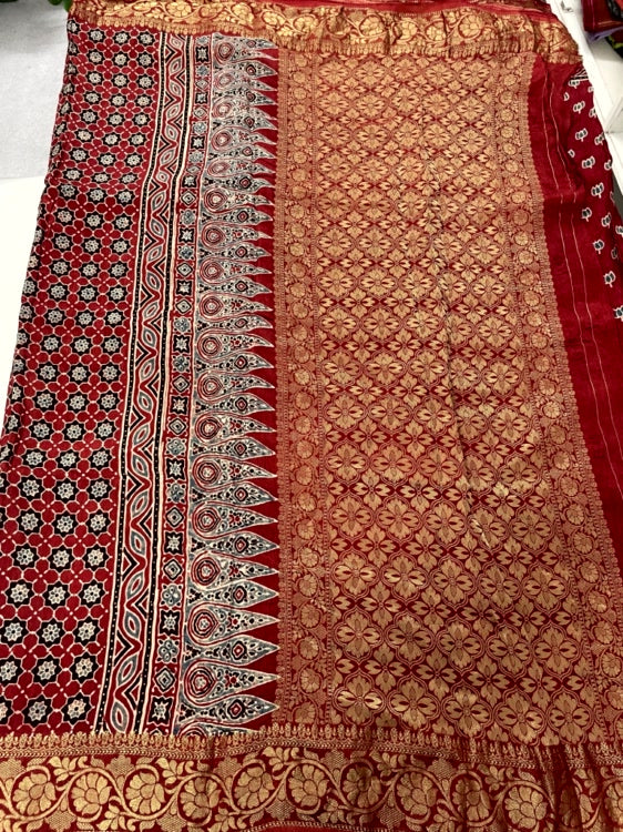 Red Lotus Ajrakh Handblock Dola Silk Saree