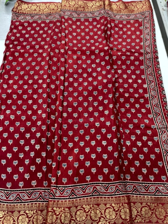 Red Lotus Ajrakh Handblock Dola Silk Saree